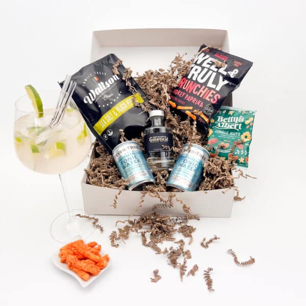 Apero box met 2 flesjes tonic, gin en hartige snacks in geschenkdoos